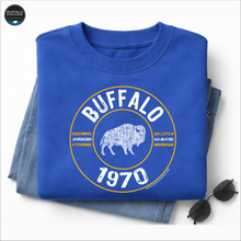 Load image into Gallery viewer, Retro 1970 inspired design... Sabrehood t shirts, sweatshirts, mens, ladies and kids sizes. Buffalo Everywhere! Buffalo born. Buffalo worn.
