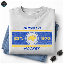 Load image into Gallery viewer, Vintage Buffalo Hockey inspired design... Tee shirts, sweatshirts, mens, ladies and kids sizes. Buffalo Everywhere! Buffalo born. Buffalo worn.

